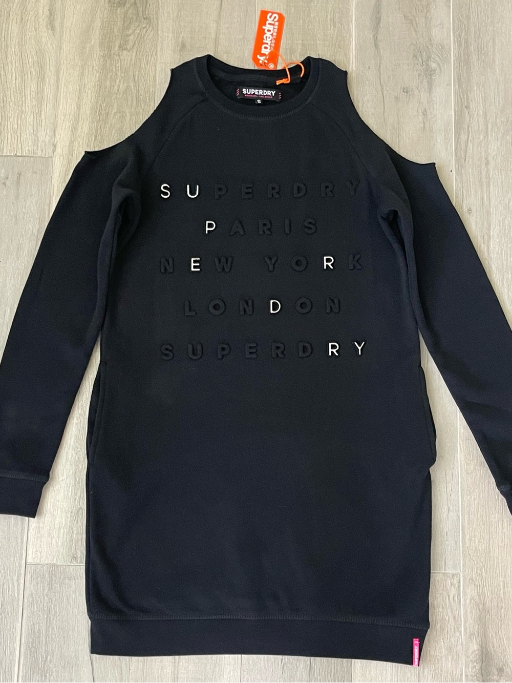 Superdry Black Cold Shoulder Sweatshirt Dress Small Fleece Logo Paris NY NWT